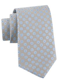 Krawat Męski - Beżowy w Niebieskie Groszki - Alties. Kolor: brązowy, beżowy, wielokolorowy. Materiał: tkanina. Wzór: grochy. Styl: wizytowy, elegancki #1