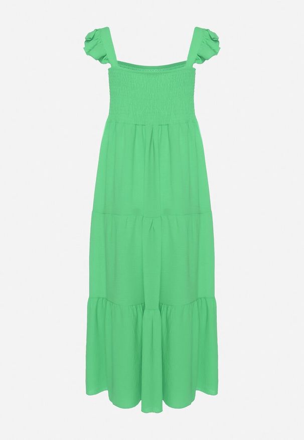 Born2be - Zielona Sukienka na Ramiączkach z Falbankami o Rozkloszowanym Kroju Ebisena. Okazja: na co dzień. Typ kołnierza: kołnierz z falbankami. Kolor: zielony. Materiał: jeans. Długość rękawa: na ramiączkach. Wzór: bez wzorów, aplikacja. Typ sukienki: proste. Styl: casual, elegancki