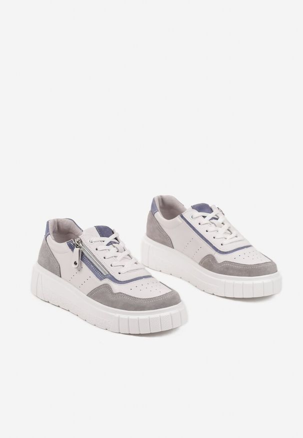 Renee - Biało-Szare Streetwearowe Sneakersy ze Skóry Naturalnej z Ozdobnym Suwakiem Eleavenna. Okazja: na co dzień. Zapięcie: sznurówki. Kolor: biały. Materiał: skóra. Obcas: na obcasie. Wysokość obcasa: niski