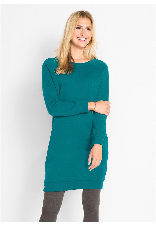 bonprix - Sukienka dresowa z miękkiego materiału frotte. Kolor: niebieski. Materiał: materiał, dresówka. Długość rękawa: raglanowy rękaw. Wzór: prążki