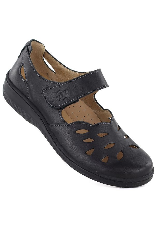 Skórzane komfortowe półbuty damskie ażurowe na rzep czarne Helios 4043.011. Zapięcie: rzepy. Kolor: czarny. Materiał: skóra. Wzór: ażurowy