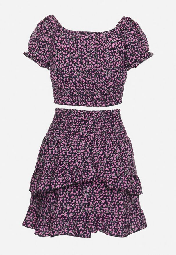 Born2be - Granatowy 2-Częściowy Komplet w Kwiaty Top z Hiszpańskim Dekoltem i Spódnica z Falbanką Fritia. Kolor: niebieski. Materiał: materiał. Wzór: kwiaty