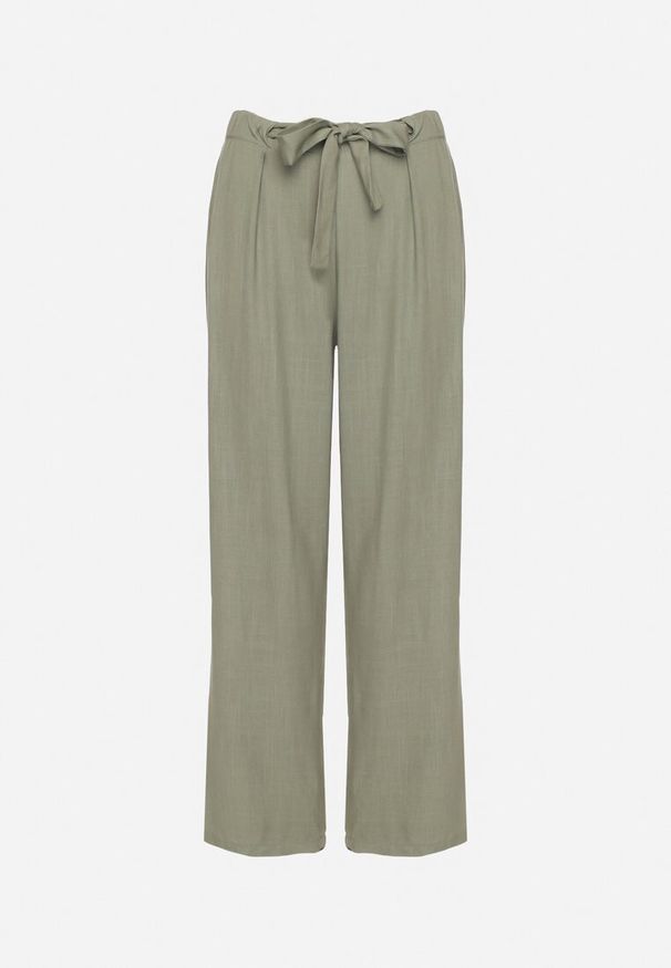 Born2be - Zielone Spodnie z Lnem o Prostym Kroju z Wiązaniem w Pasie i Wysokim Stanem Linalietia. Okazja: na co dzień. Stan: podwyższony. Kolor: zielony. Materiał: len. Styl: casual