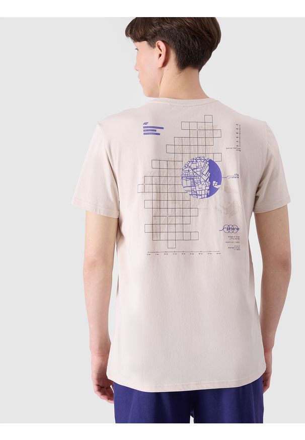 4f - 4F T-shirt regular z nadrukiem męski - beżowy S. Okazja: na co dzień. Kolor: beżowy. Materiał: bawełna, dzianina, jersey. Długość rękawa: krótki rękaw. Długość: krótkie. Wzór: nadruk. Styl: klasyczny, casual, sportowy