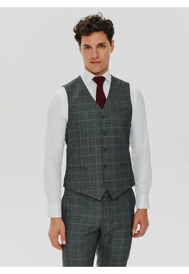 Pako Lorente - PAKO LORENTE – Szara garniturowa kamizelka w kratę. Kolor: szary. Materiał: poliester, elastan, wiskoza