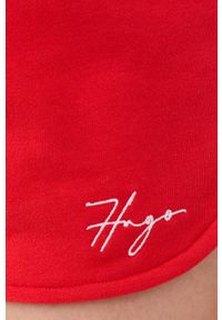 Hugo - HUGO szorty damskie kolor czerwony z aplikacją medium waist. Okazja: na co dzień. Kolor: czerwony. Materiał: poliester. Wzór: aplikacja. Styl: casual #4