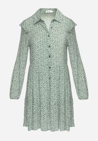 Born2be - Zielona Rozkloszowana Sukienka Mini w Kwiaty z Falbankami na Ramionach Lorean. Okazja: na spacer, na imprezę. Typ kołnierza: kołnierz z falbankami. Kolor: zielony. Materiał: materiał. Wzór: kwiaty. Sezon: lato. Styl: elegancki. Długość: mini #4