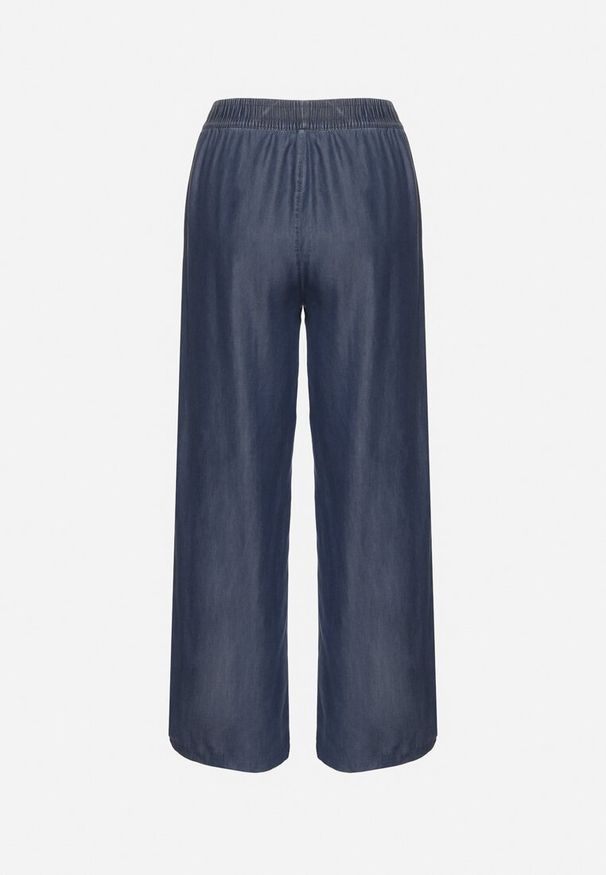 Born2be - Granatowe Szerokie Spodnie z Bawełny Ozdobione Wiązaniem Evipolli. Okazja: na co dzień. Kolor: niebieski. Materiał: bawełna. Wzór: aplikacja. Styl: casual, klasyczny