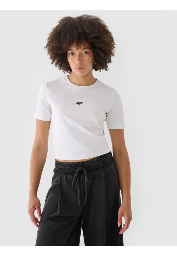 4f - 4F T-shirt slim cropped damski - biały L. Okazja: na co dzień. Kolor: biały. Materiał: jersey, bawełna, elastan, dzianina, materiał. Wzór: ze splotem, gładki, jednolity. Styl: casual, sportowy