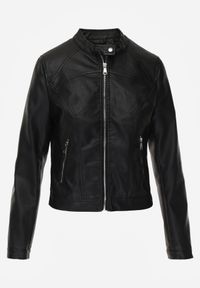 Born2be - Czarna Gładka Kurtka Ramoneska o Taliowanym Kroju Tessalin. Okazja: na co dzień. Kolor: czarny. Materiał: poliester, jeans. Wzór: gładki. Styl: casual #8