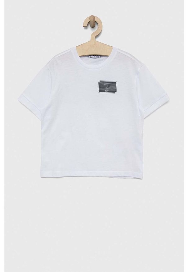 EA7 Emporio Armani t-shirt bawełniany dziecięcy kolor biały z nadrukiem. Kolor: biały. Materiał: bawełna. Wzór: nadruk