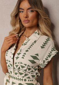 Renee - Beżowo-Zielona Taliowana Sukienka z Wiskozy z Materiałowym Paskiem w Talii Nasiona. Okazja: do pracy. Kolor: beżowy. Materiał: materiał, wiskoza. Wzór: aplikacja. Sezon: jesień, wiosna. Styl: elegancki #5