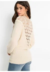 Sweter "nietoperz" z koronką bonprix kremowy. Kolor: beżowy. Materiał: koronka. Wzór: koronka