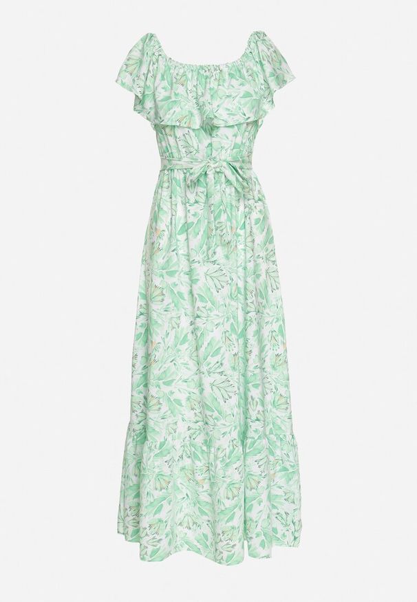 Born2be - Zielona Sukienka Hiszpanka z Bawełną w Kwiaty Mreova. Okazja: na co dzień. Typ kołnierza: dekolt hiszpanka. Kolor: zielony. Materiał: bawełna. Wzór: kwiaty. Styl: casual, elegancki, klasyczny