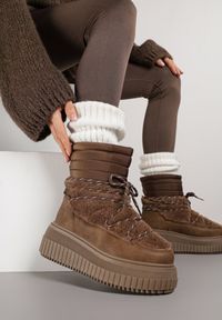 Born2be - Brązowe Pikowane Śniegowce na Grubej Tłoczonej Podeszwie z Futerkiem Adarlia. Okazja: na co dzień. Kolor: brązowy. Materiał: futro. Styl: casual
