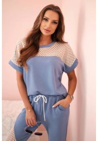 Kesi Włoski - Komplet damski masełko z ażurowymi wstawkami jeansowy. Materiał: jeans. Wzór: ażurowy