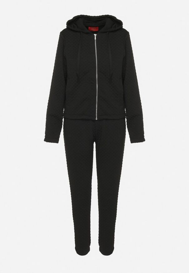 Born2be - Czarny Pikowany Komplet Dresowy z Bawełną Bluza z Kapturem i Spodnie Joggery Evalisseia. Kolor: czarny. Materiał: bawełna, dresówka