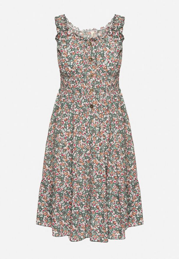 Born2be - Zielono-Różowa Rozkloszowana Sukienka z Bawełny Wykończona Gumką w Talii Nelaris. Okazja: na randkę, na imprezę. Typ kołnierza: dekolt hiszpanka. Kolor: zielony. Materiał: bawełna. Długość rękawa: na ramiączkach. Styl: boho