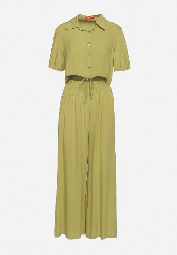 Born2be - Zielony Bawełniany Komplet z Krótką Koszulą i Szerokimi Spodniami z Rozcięciami Denara. Kolor: zielony. Materiał: bawełna