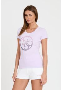 Guess - GUESS Lawendowy damski t-shirt 4G LOGO TEE, Rozmiar M. Kolor: fioletowy #6