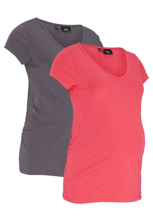 Shirt ciążowy basic (2 szt.) bonprix różowy hibiskus + szary łupkowy. Typ kołnierza: dekolt w serek. Kolekcja: moda ciążowa. Kolor: różowy
