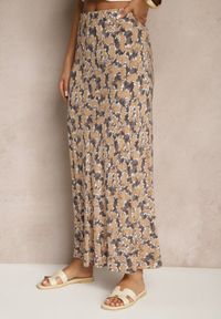 Renee - Szaro-Beżowa Rozkloszowana Spódnica z Wiskozy High Waist Fevanice. Okazja: na co dzień. Stan: podwyższony. Kolor: szary. Materiał: wiskoza. Styl: casual, elegancki