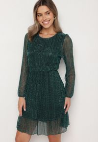 Born2be - Ciemnozielona Sukienka z Wiskozy Ozdobiona Metaliczną Nicią Meliorea. Kolor: zielony. Materiał: wiskoza. Wzór: aplikacja. Styl: klasyczny, elegancki #1