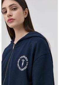 Trussardi Jeans - Trussardi bluza bawełniana damska kolor granatowy z kapturem gładka. Typ kołnierza: kaptur. Kolor: niebieski. Materiał: bawełna. Wzór: gładki #3