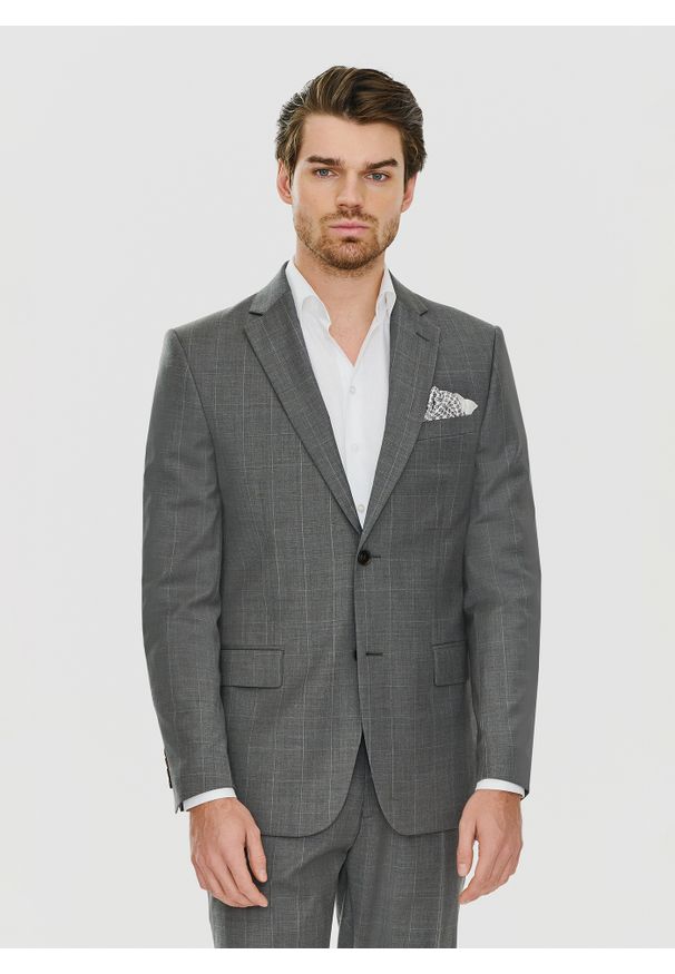 Pako Lorente - PAKO LORENTE – Ciemnoszara marynarka garniturowa w delikatną kratę. Okazja: na ślub cywilny, na wesele, na spotkanie biznesowe. Kolor: szary. Materiał: wełna, lycra, poliester. Styl: biznesowy