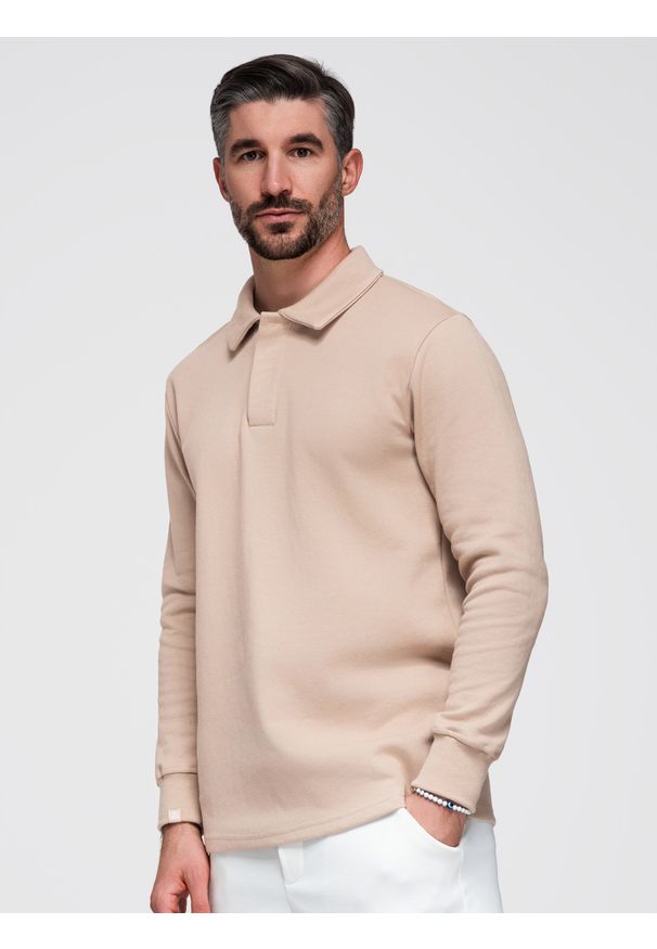Ombre Clothing - Bluza męska z kołnierzykiem polo ze strukturalnej dzianiny - beżowa V2 - Rozmiar: M. Typ kołnierza: polo. Kolor: beżowy. Materiał: dzianina