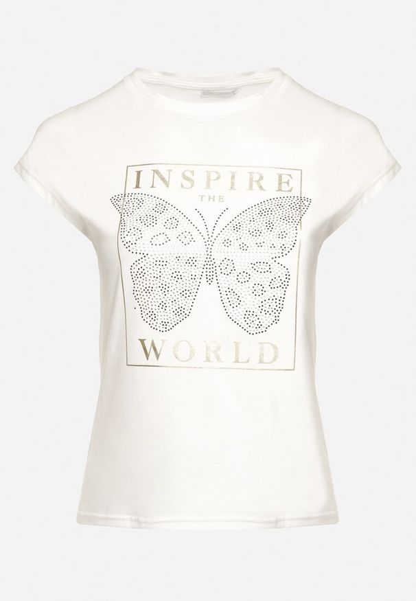 Born2be - Biały Bawełniany T-shirt z Nadrukiem Motyla Ozdobionym Cyrkoniami Beonea. Okazja: na co dzień. Kolor: biały. Materiał: bawełna. Wzór: aplikacja, nadruk. Styl: klasyczny, elegancki, casual