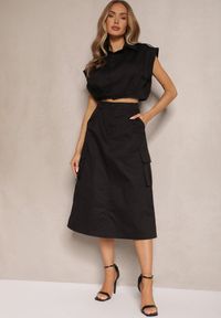 Renee - Czarny Komplet w Stylu Utility Koszula Cropped Bez Rękawów i Spódnica z Kieszeniami Notcha. Kolor: czarny