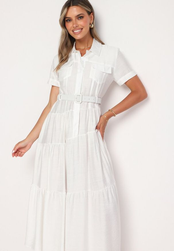 Born2be - Biała Sukienka Koszulowa o Rozkloszowanym Kroju z Paskiem w Talii Vimorise. Typ kołnierza: dekolt w kształcie V. Kolor: biały. Typ sukienki: koszulowe. Styl: elegancki