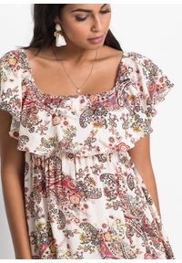 bonprix - Sukienka z dekoltem carmen, z lejącej wiskozy. Typ kołnierza: typu carmen. Kolor: beżowy. Materiał: wiskoza #3