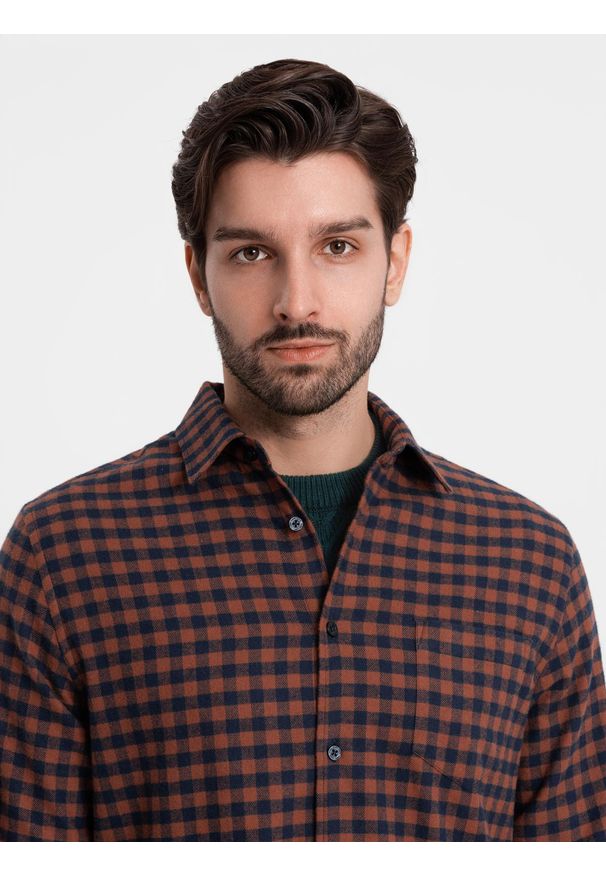 Ombre Clothing - Koszula męska flanelowa w kratę - granatowo-ceglasta V6 OM-SHCS-0150 - XXL. Kolor: niebieski. Materiał: bawełna. Styl: klasyczny