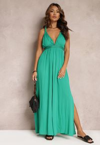 Renee - Zielony Kombinezon bez Rękawów z Gumką w Talii z Wiskozy i Lnu Nehir. Kolor: zielony. Materiał: wiskoza, len. Długość rękawa: bez rękawów. Wzór: aplikacja. Sezon: wiosna, lato #2