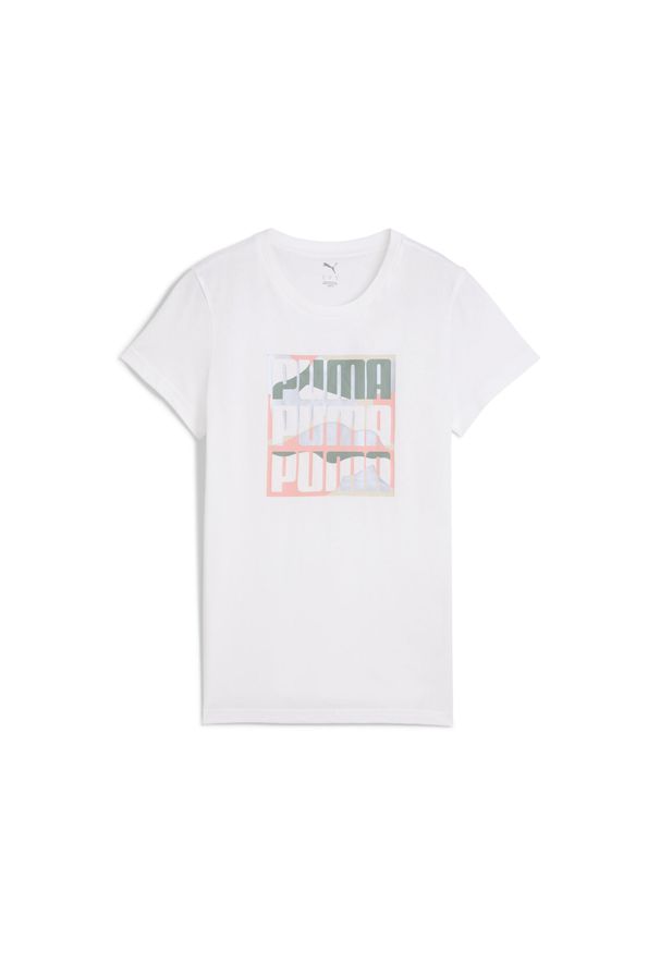 Puma - Damska koszulka GRAPHICS Mountain PUMA White. Kolor: biały. Materiał: guma. Wzór: nadruk. Sport: fitness
