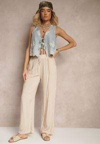 Renee - Beżowe Spodnie z Wiskozy High Waist o Szerokim Kroju Avelozi. Okazja: na co dzień. Stan: podwyższony. Kolor: beżowy. Materiał: wiskoza. Styl: elegancki, casual