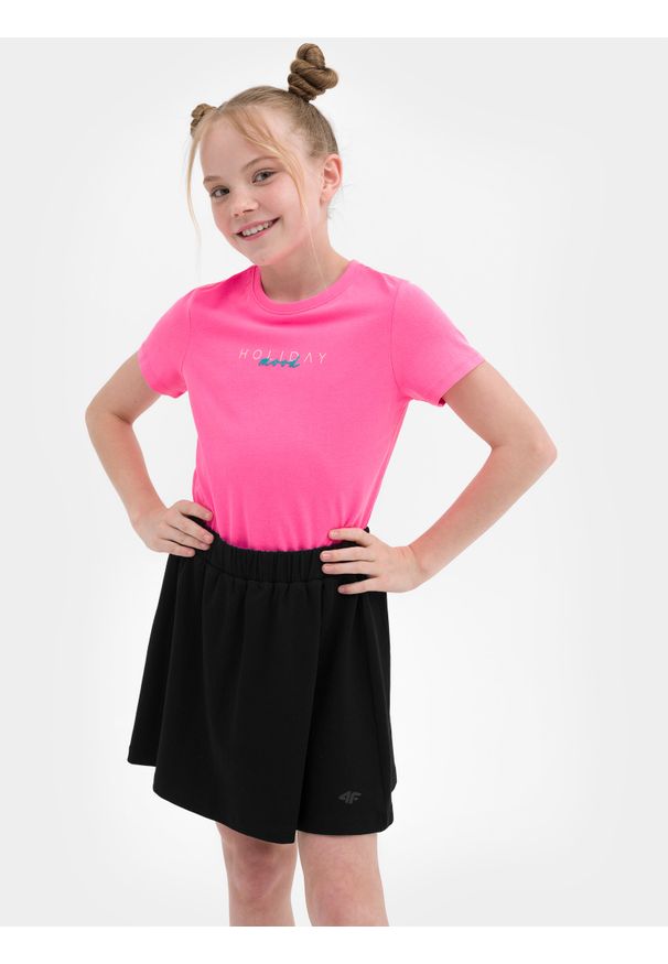4f - T-shirt z nadrukiem dziewczęcy. Kolor: różowy. Materiał: bawełna. Wzór: nadruk