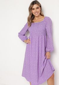 Born2be - Fioletowa Rozkloszowana Sukienka Midi w Kropki Farnai. Kolor: fioletowy. Wzór: kropki. Typ sukienki: rozkloszowane. Styl: retro. Długość: midi #5