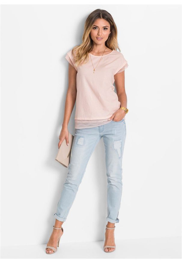 bonprix - Bawełniany T-shirt o kroju pudełkowym. Kolor: różowy. Materiał: bawełna, koronka. Długość rękawa: krótki rękaw. Długość: krótkie. Wzór: koronka