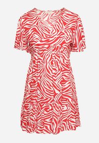 Born2be - Czerwono-Beżowa Sukienka Mini z Wiskozy w Abstrakcyjne Paski Ethikala. Kolor: czerwony. Materiał: wiskoza. Wzór: paski. Sezon: lato. Długość: mini #2
