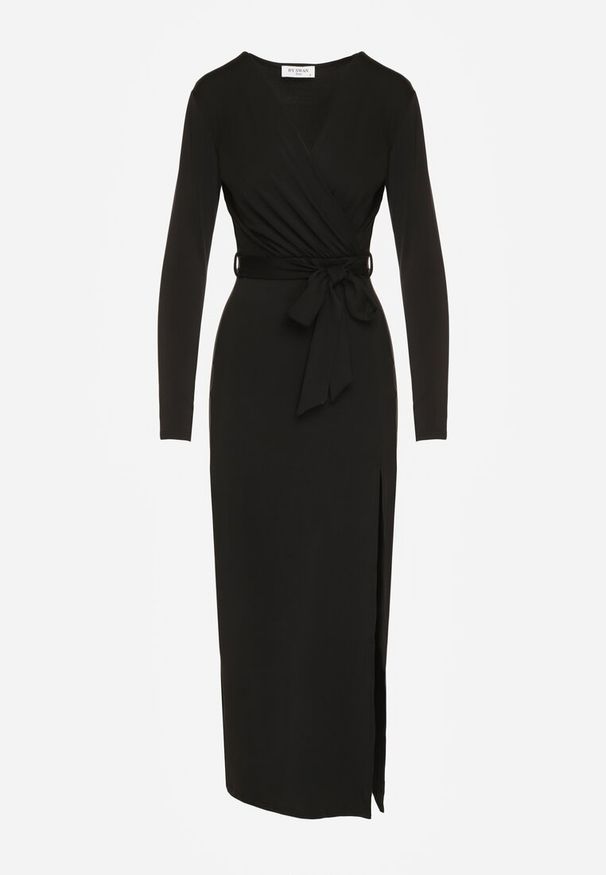 Renee - Czarna Sukienka z Wiskozą o Kopertowym Kroju z Rozcięciem i Wiązanym Paskiem Tesela. Okazja: na co dzień. Kolor: czarny. Materiał: wiskoza. Typ sukienki: kopertowe. Styl: casual