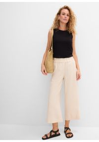 bonprix - Spodnie culotte z lnem, o regulowanej długości. Kolor: beżowy. Materiał: len #2