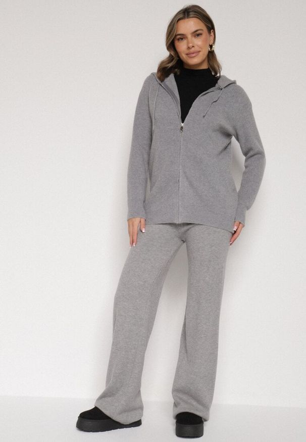 Born2be - Ciemnoszary Komplet z Wełną i Bawełną Szerokie Spodnie i Rozpinana Bluzka z Kapturem Reikania. Kolor: szary. Materiał: wełna, bawełna