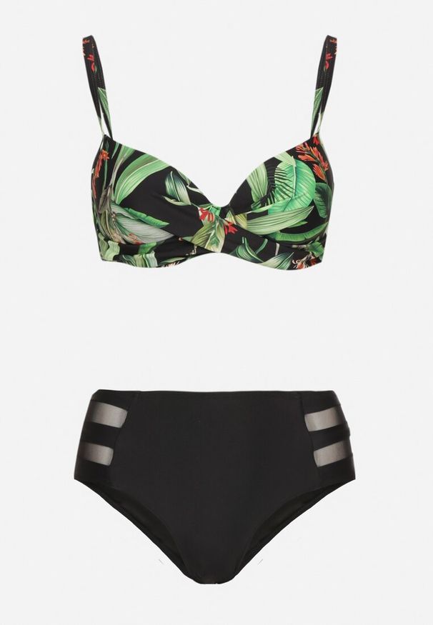 Born2be - Czarne Bikini Majtki Figi z Siateczkowymi Wstawkami i Biustonosz w Liście Kinella. Kolor: czarny