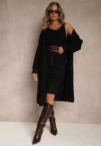 Renee - Czarny Dzianinowy Komplet z Wełną Prążkowana Sukienka i Długi Kardigan Falonessa. Kolor: czarny. Materiał: wełna, prążkowany, dzianina