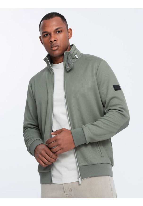 Ombre Clothing - Męska kurtka z wysokim kołnierzem i polarowym wnętrzem – khaki V3 - Rozmiar: S. Kolor: brązowy. Materiał: polar. Wzór: aplikacja. Styl: elegancki