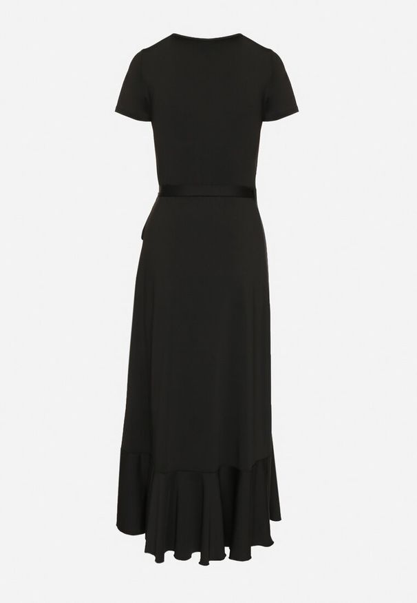 Born2be - Czarna Sukienka z Paskiem Kopertowa Ozdobiona Falbanami Wleffia. Okazja: na spacer. Typ kołnierza: dekolt w kształcie V. Kolor: czarny. Długość rękawa: krótki rękaw. Wzór: aplikacja. Sezon: wiosna, lato. Typ sukienki: kopertowe. Styl: elegancki