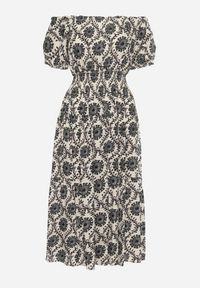 Born2be - Szaro-Beżowa Wiskozowa Sukienka Hiszpanka z Gumką w Pasie i przy Rękawkach Yilalama. Okazja: na co dzień. Typ kołnierza: dekolt hiszpanka. Kolor: szary. Materiał: wiskoza. Długość rękawa: krótki rękaw. Styl: casual #4